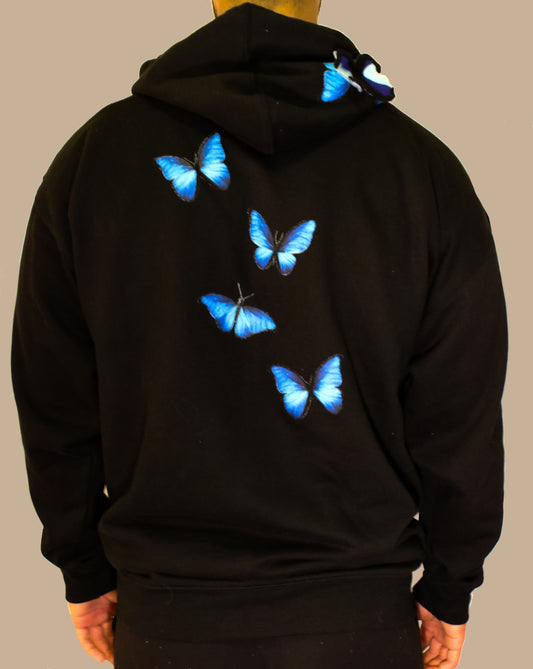 Black hoodie with blue butterflies