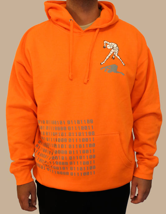 Bright orange sweatshirt with coding